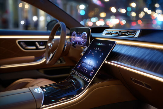 High-end car cockpit, featuring illuminated digital instrument cluster and premium materials.