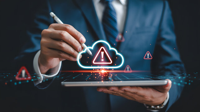 Businessman highlighting cloud data security alert on tablet for secure access