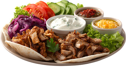 Doner Kebab Plate with Vegetables and Sauces, isolated on transparent background
