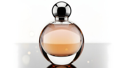 Obraz premium A luxurious and elegant spherical glass perfume bottle with warm amber liquid and a shiny chrome cap, isolated on a clean white background with a soft glow