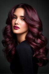 Fototapeta premium A stunning portrait of a woman with vibrant burgundy hair, showcasing her elegant style and confident expression.