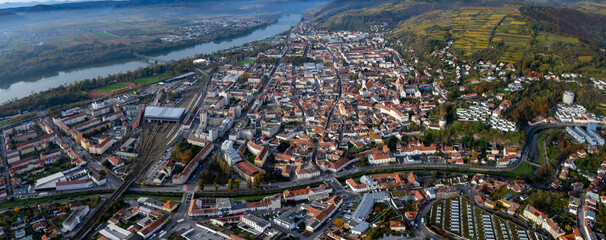 Aerial wide view around the city Krems an der Donau in Austria on a sunny autumn morning day