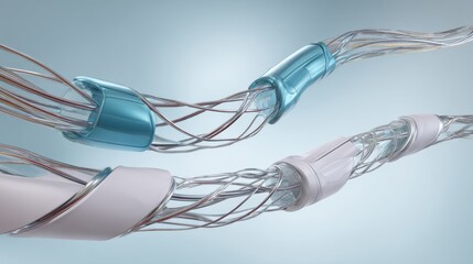 The 3D illustration shows a stent and catheter for blood vessel implantation, including both an empty and a filled balloon