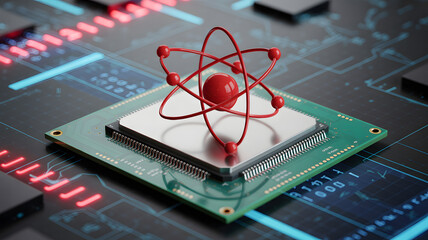 Atom model over CPU chip, representing quantum computing and technological innovation
