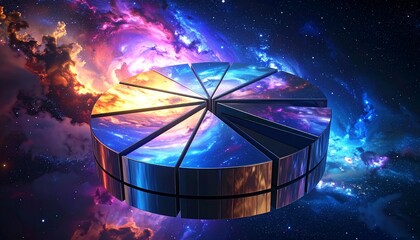 Abstract cosmic data visualization pie chart representing complex information in a fragmented, futuristic digital interface against a vibrant nebula galaxy background