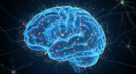 A glowing, detailed 3D model of a human brain, showcasing neural pathways and colorful components.