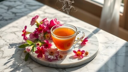 Cup of cinnamon tea with lemon and herbs on wooden board isolated on transparent background