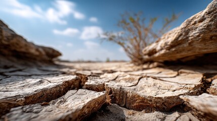 Fototapeta premium Close-up view of cracked earth and rocks under a partly cloudy sky, showcasing the effects of drought and aridity.