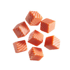 Raw salmon cubes isolated on transparent background