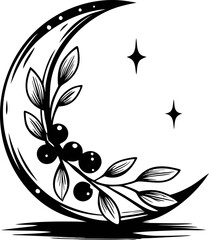 Naklejka premium Botanical crescent moon illustration with leaves and berries in black and white, minimalist celestial nature design