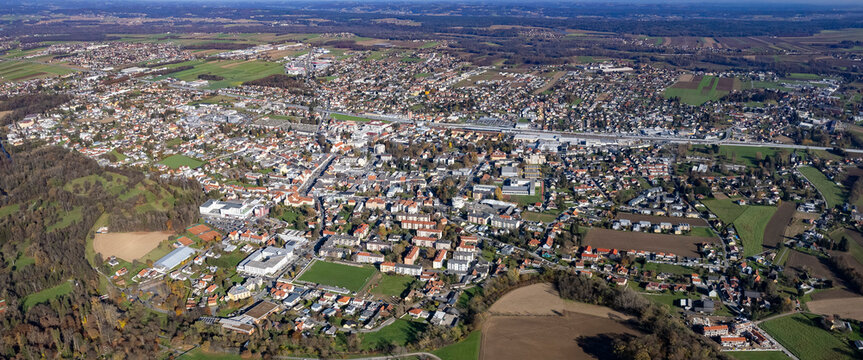 Aerial view around the old town of the city Leibnitz in Austria on a sunny autumn day