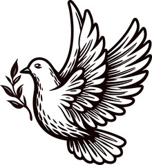 Obraz premium Hand drawn flying dove carrying olive branch with spread wings, vintage engraved illustration