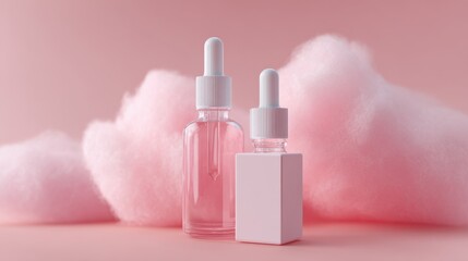 Soft pink background with fluffy cotton candy clouds and two pastel-colored cosmetic bottles for skincare or beauty products