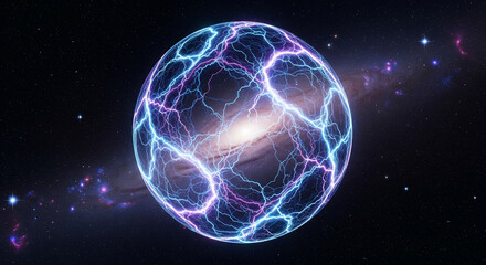 Obraz premium Energetic cosmic sphere encompassing a swirling galaxy, vibrant plasma veins illuminating the dark expanse of space.