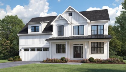 Spacious modern house with multiple gabled roofs, large , and a well-maintained lawn under a partly cloudy sky