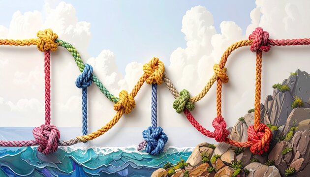 Interconnectedness Colorful ropes knotted together symbolizing unity, teamwork, and strong bonds across a vibrant landscape