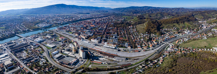 Aerial panaorama view of the city Maribor in Slovenia on a sunny autumn afternoon