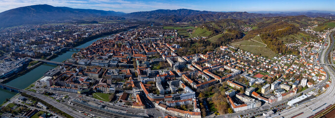 Aerial panaorama view of the city Maribor in Slovenia on a sunny autumn afternoon