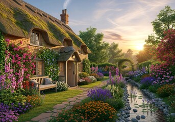 Naklejka premium Magical English Cottage Garden at Sunset with Stream