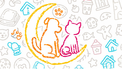 Fototapeta premium Dog and cat sitting on a moon with doodles of houses food and other objects in the background artwork