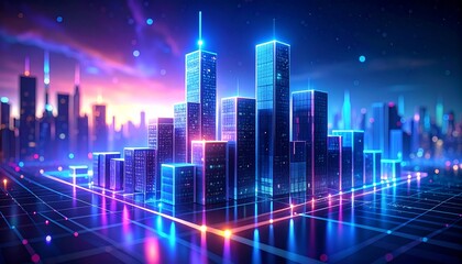 Digital metropolis with glowing skyscrapers on a virtual network grid representing a futuristic business and technology concept