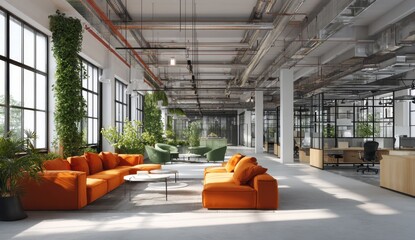 Spacious modern indoor lounge area with large , vibrant orange sofas, and lush green plants creating a bright and inviting atmosphere