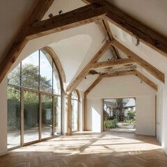 Spacious modern interior with high vaulted ceiling, large , and natural light flooding the room