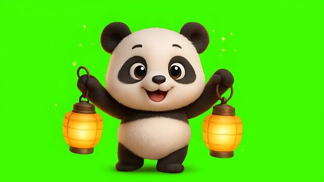 Adorable Panda Cub Holding Glowing Lanterns on Green Screen