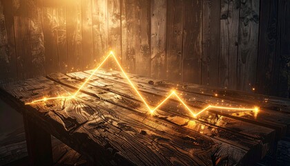 A radiant, luminous chart line depicting financial market trends and business growth, set against a dark, rustic wooden backdrop