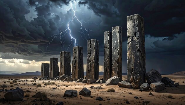 Standing Stones Under a Stormy Sky Ancient Pillars and Dramatic Lightning