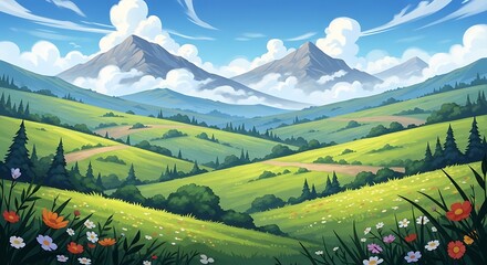 Colorful Mountain Valley Landscape Painting.