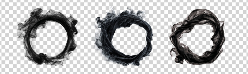 Vector set of black smoke ring frames isolated on transparent background.