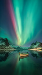 Stunning Aurora Borealis lights up the night sky above a serene lake with a small boat, a magical scene