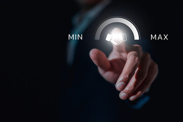 Businessman touching virtual handshake icon with min to max control scale, concept of business deal, partnership, digital agreement, collaboration, teamwork, successful corporate contract.