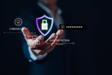 digital shield with lock icon, concept of cybersecurity, data protection, secure technology, password safety, information privacy, online network security in business.