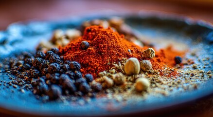 Close-up of various spices.  Colorful blend of ground and whole spices on a dark, textured plate.  Red chili powder dominates, with black peppercorns, and other ground spices