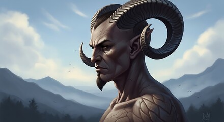 Focused Ram-Horned Figure in Mountain Scenery.