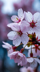 Delicate cherry blossoms with sparkling water droplets, perfect for spring designs, evoking beauty and serenity