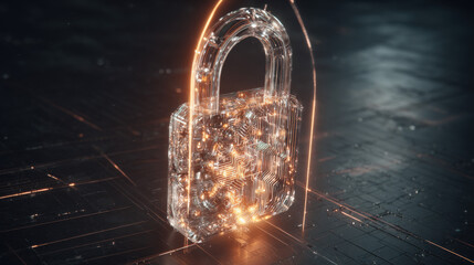 glowing holographic padlock with intricate circuitry pattern inside floating over dark digital grid futuristic security representation illustration concept scene visual for commercial design use high 