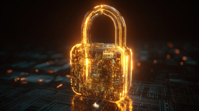 glowing holographic padlock with intricate circuitry pattern inside floating over dark digital grid futuristic security representation illustration concept scene visual for commercial design use high  - Powered by Adobe