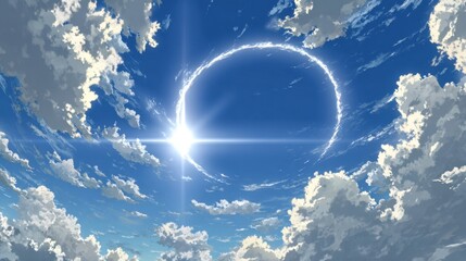 Spectacular solar eclipse with a glowing ring effect visible against a bright blue sky filled with fluffy white clouds during daytime