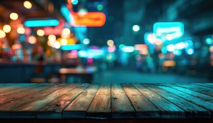 Wooden table top at night market. Blurry background of colorful lights and street scene
