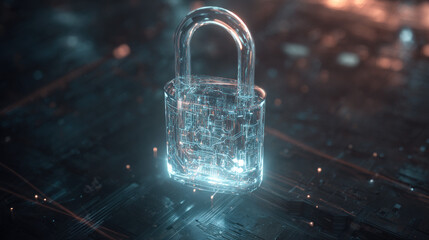glowing holographic padlock with intricate circuitry pattern inside floating over dark digital grid futuristic security representation illustration concept scene visual for commercial design use high 