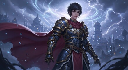 Powerful Female Warrior in Stormy Landscape.
