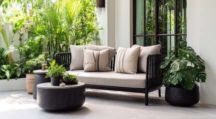 Outdoor patio with a modern sofa and potted plants