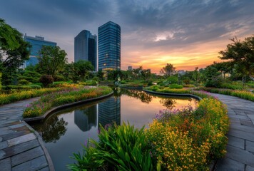 Obraz premium Serene urban park with lush greenery, calm water reflections, modern high-rise buildings in the background during sunset, and a vibrant sky creating a peaceful cityscape scene