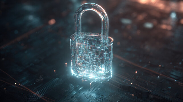 glowing holographic padlock with intricate circuitry pattern inside floating over dark digital grid futuristic security representation illustration concept scene visual for commercial design use high 