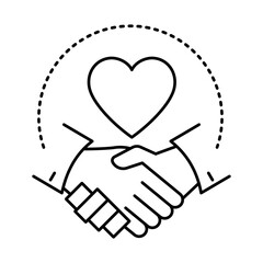 Handshake icon with heart  respect in relationships, mutual understanding.