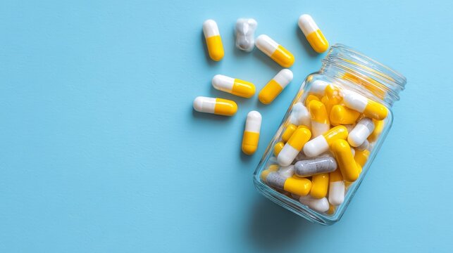 A transparent bottle containing medical pills for the SGLT2 inhibitor stands out against a blue background