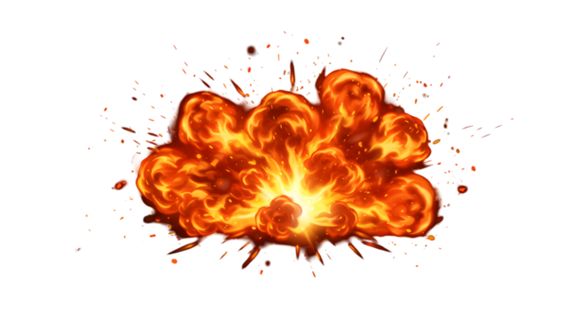 Dynamic fiery explosion with bright glowing center and scattered embers creating an intense visual impact perfect for action sequences